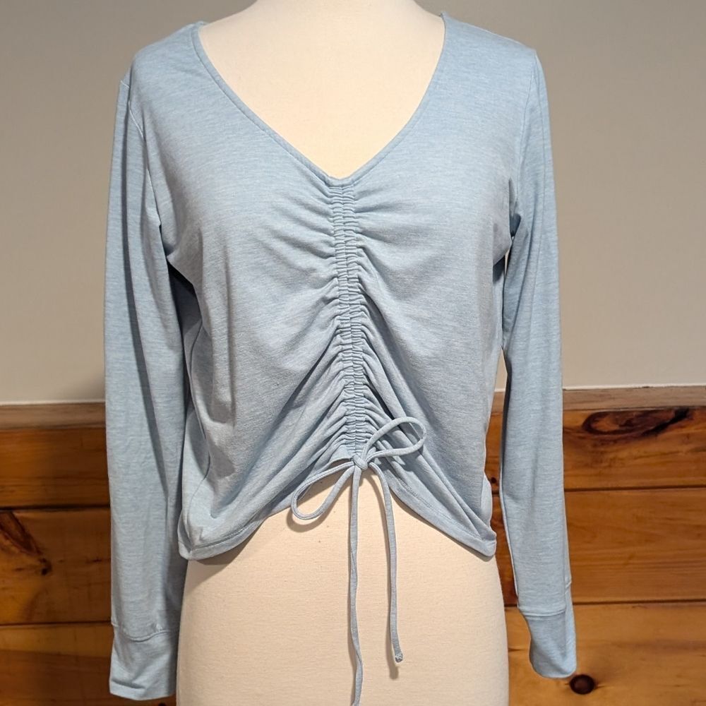 GAP Blue Ruched Tie Front Long Sleeve Blouse